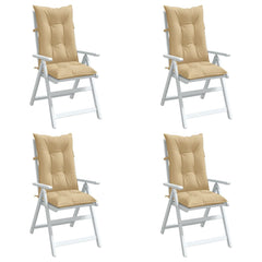 Four beige melange highback chair cushions, each 47x20x3 inches, with ties and straps.