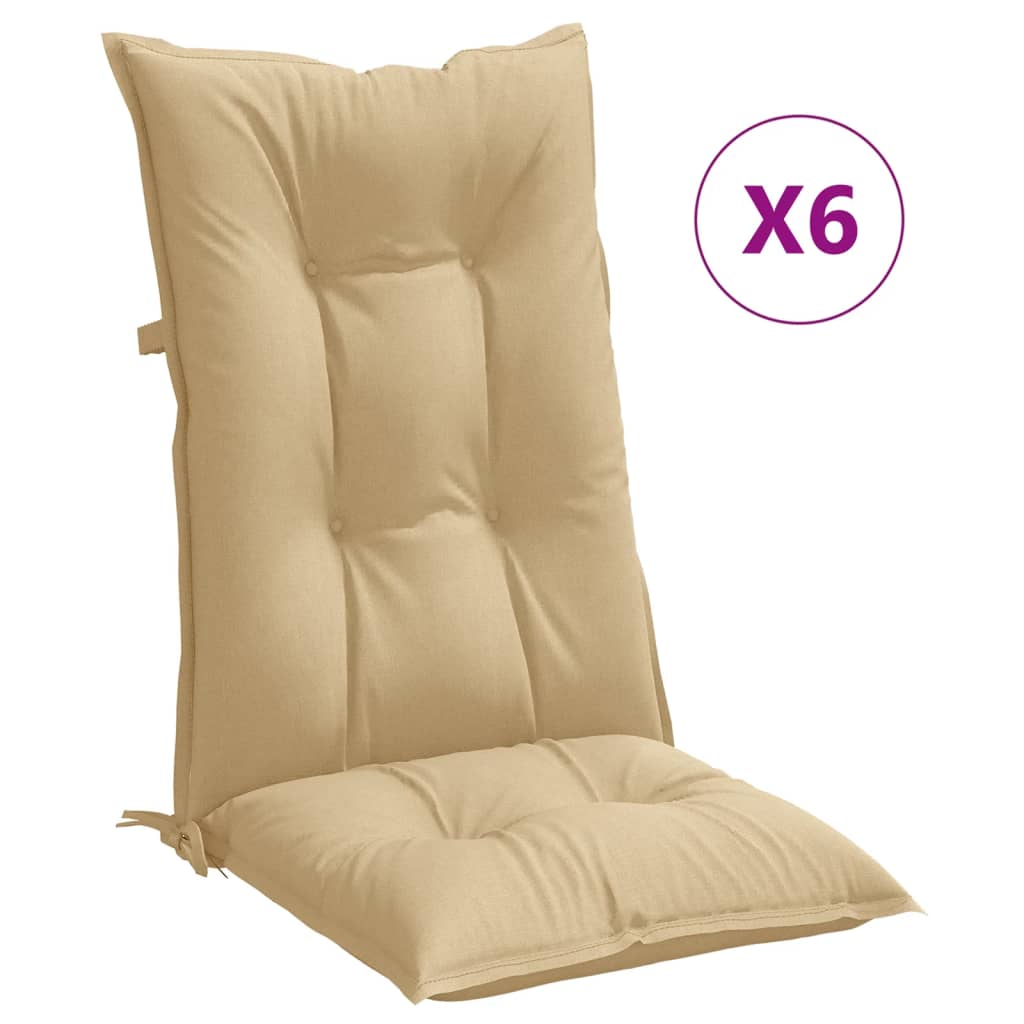 Six-pack of beige high-back chair cushions with tufting and ties.