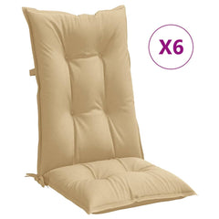 Six-pack of beige high-back chair cushions with tufting and ties.