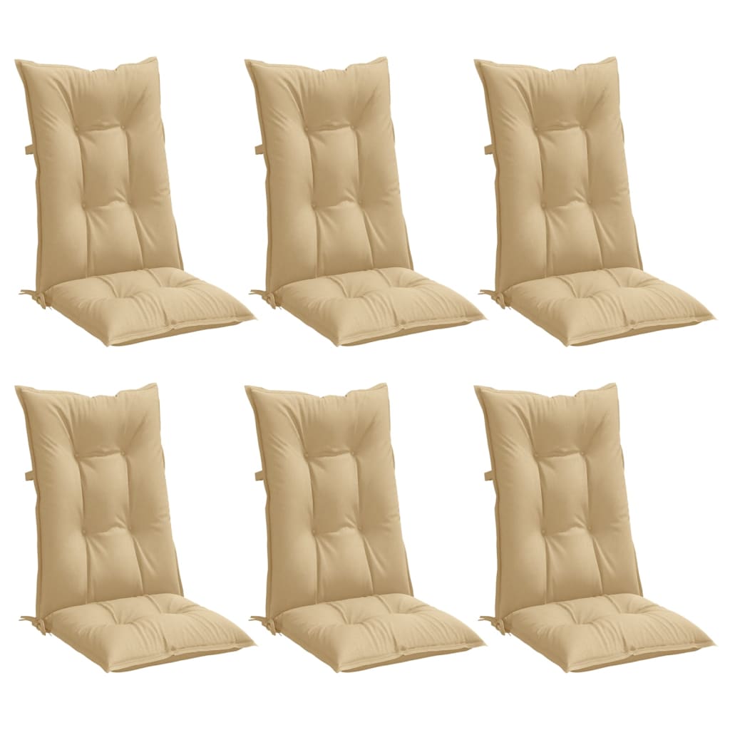 Six beige melange highback chair cushions with ties, shown from multiple angles.