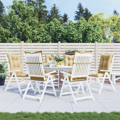 Six beige melange highback chair cushions with ties, shown on white patio chairs.
