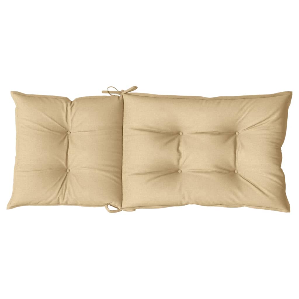Beige melange highback chair cushions with tufting and ties, shown as a pair.