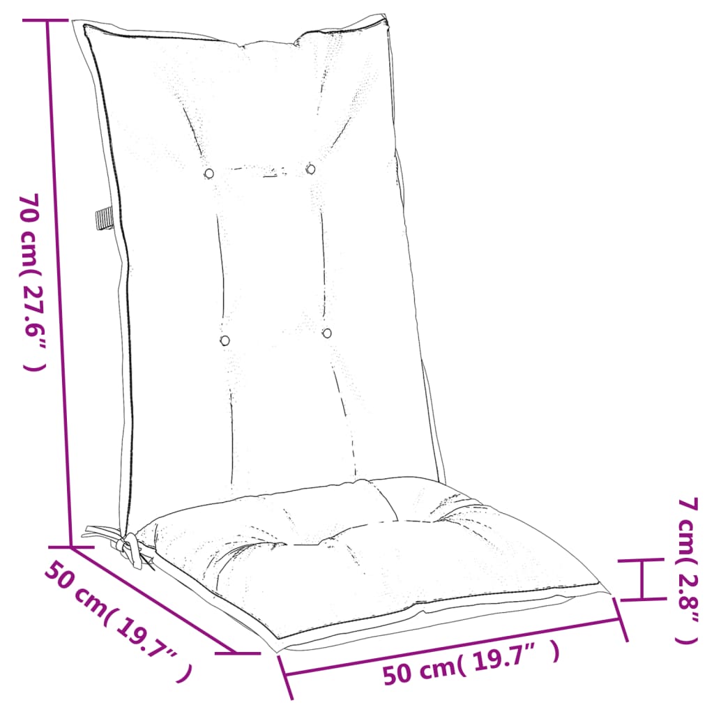 Diagram of beige highback chair cushion measuring 70 cm high, 50 cm wide, and 7 cm thick.