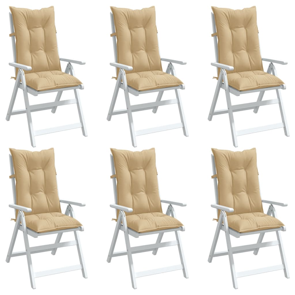 Six beige melange highback chair cushions with ties, shown on white frames.