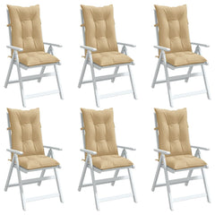 Six beige melange highback chair cushions with ties, shown on white frames.