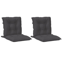 Two anthracite melange fabric lowback chair cushions, each 39.4x19.7x2.8 inches, with ties.