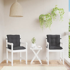 Two anthracite melange fabric lowback chair cushions on white patio chairs with a small table.