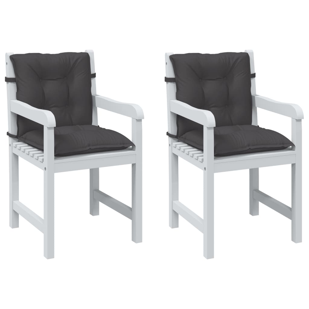 Two white wooden chairs with dark gray low-back cushions.