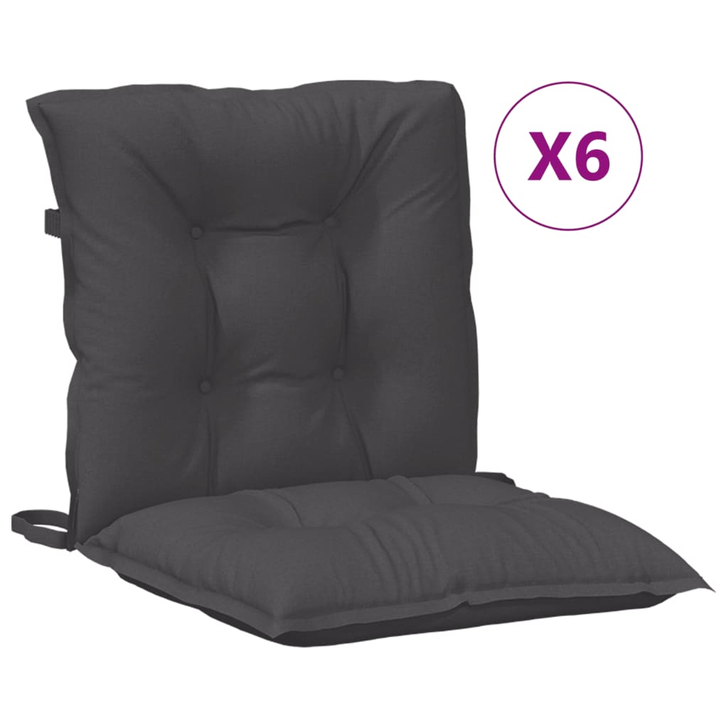 Six-pack of anthracite melange fabric lowback chair cushions with ties.