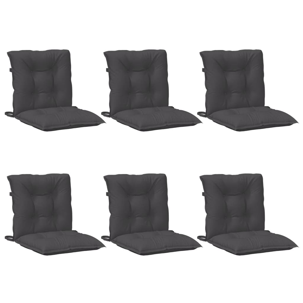 Six anthracite melange fabric lowback chair cushions with ties, shown from multiple angles.