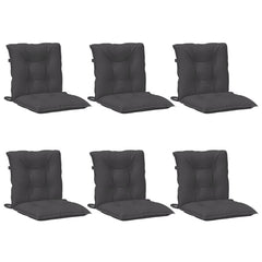 Six anthracite melange fabric lowback chair cushions with ties, shown from multiple angles.