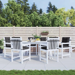 Six anthracite low-back chair cushions are shown on white patio chairs around a table.