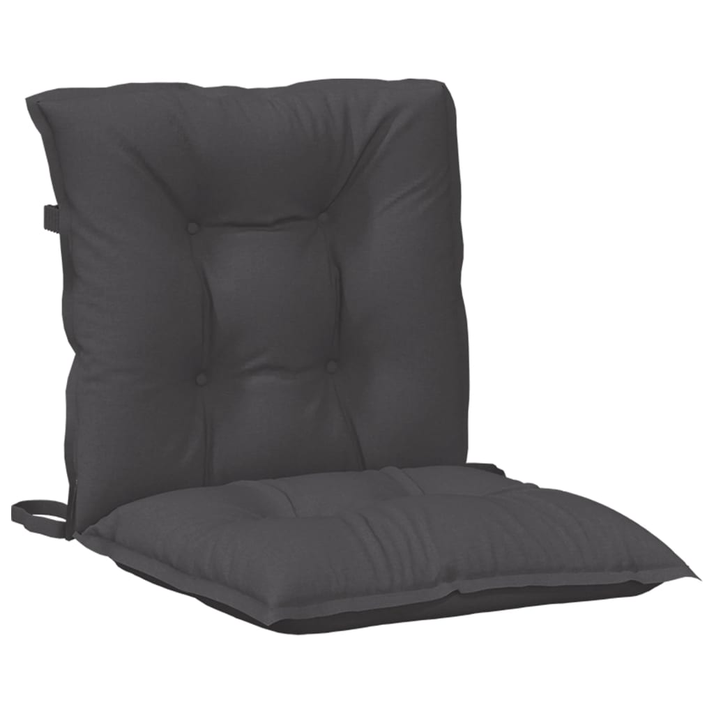 A dark gray low-back chair cushion with tufting and ties.