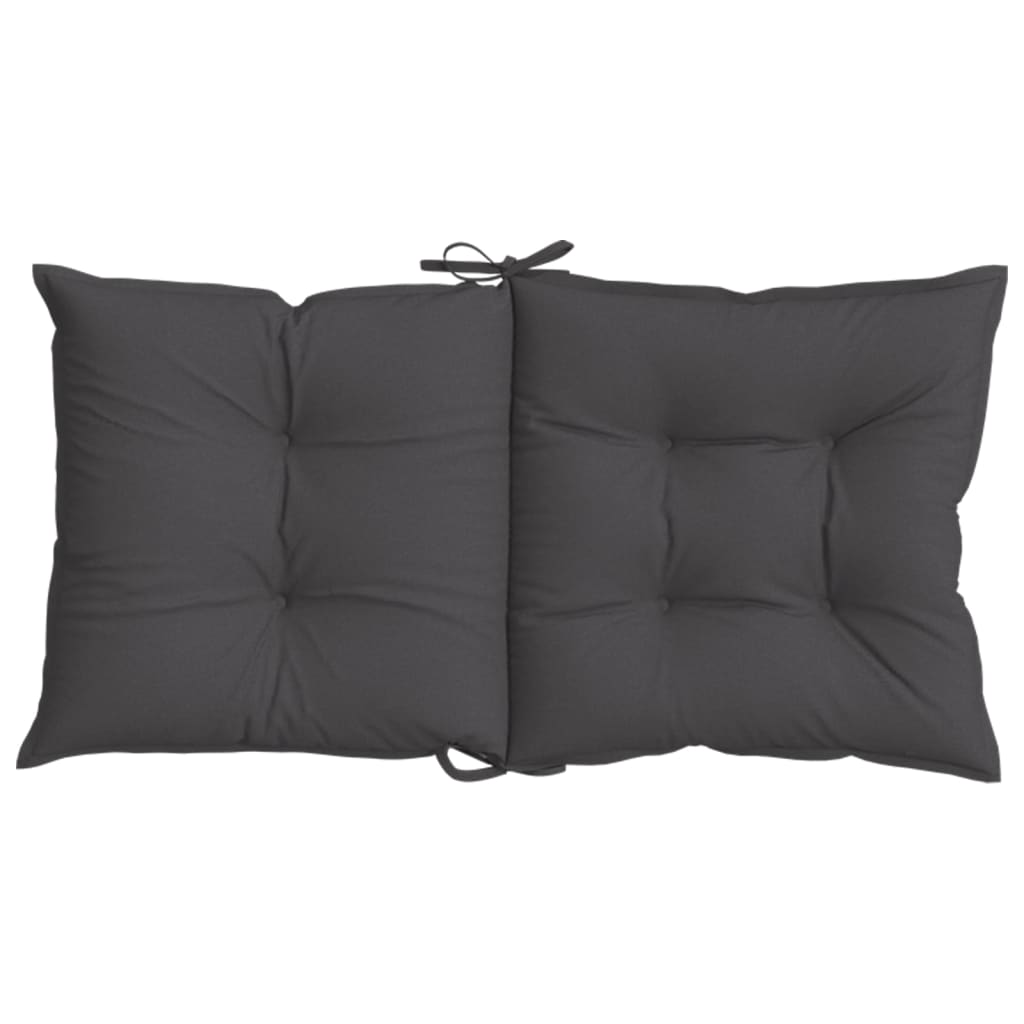 Six anthracite melange fabric lowback chair cushions with tufted padding and ties.