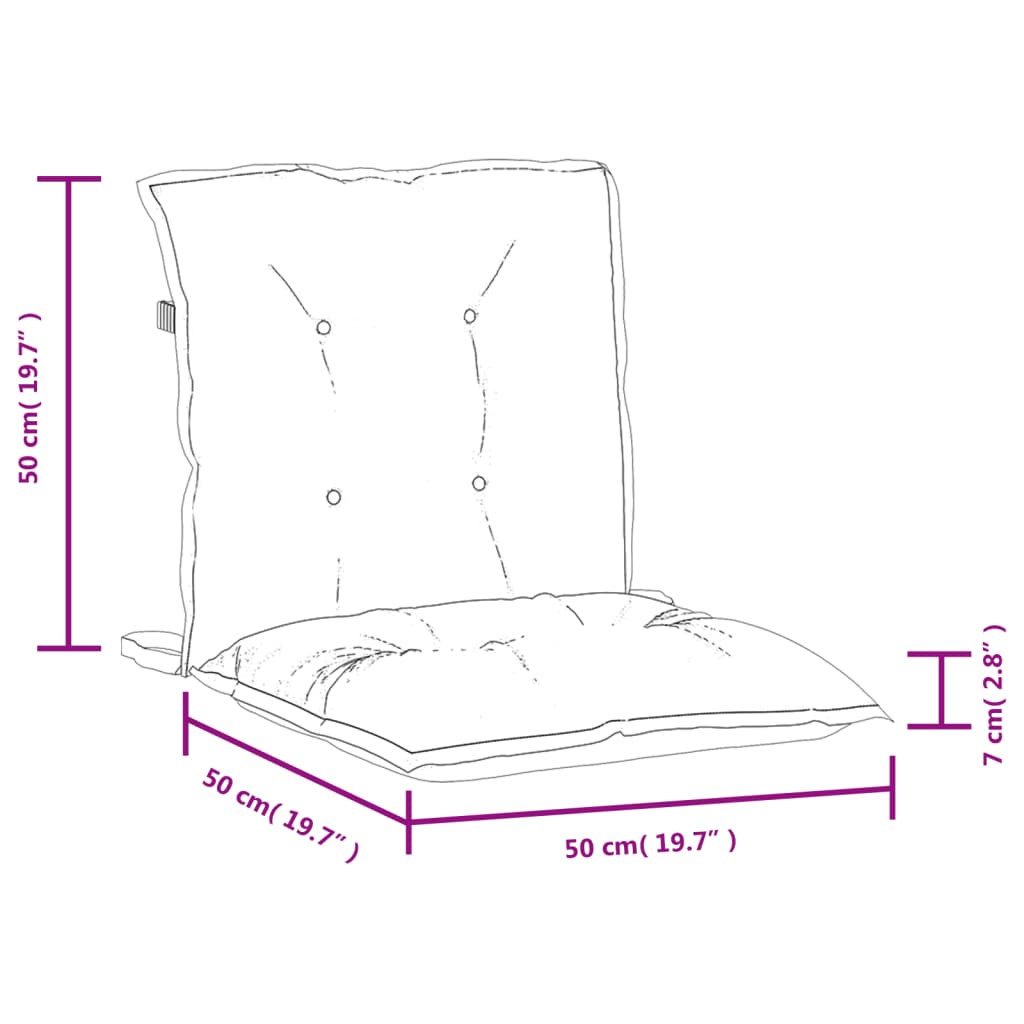 Line drawing of Bostome Melange Anthracite lowback chair cushion with dimensions 50x50x7 cm.