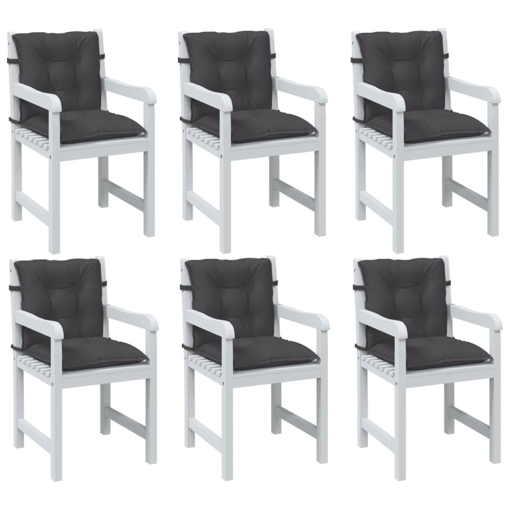 Six anthracite melange fabric chair cushions for lowback chairs, shown attached to white patio chairs.