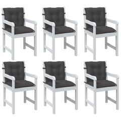 Six anthracite melange fabric chair cushions for lowback chairs, shown attached to white patio chairs.