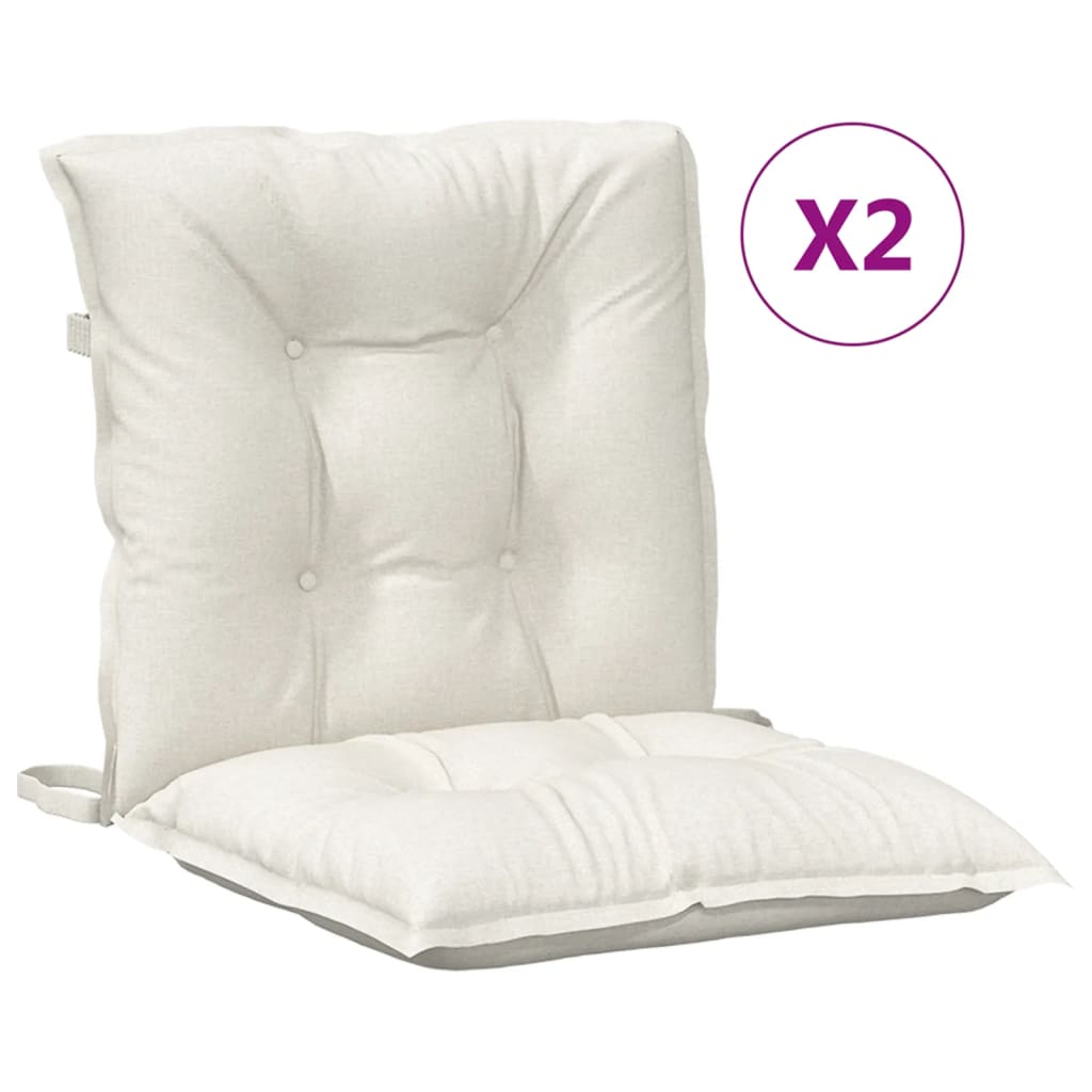 Two cream fabric lowback chair cushions with tufted design and straps, 2-pack.