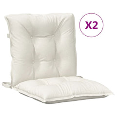 Two cream fabric lowback chair cushions with tufted design and straps, 2-pack.