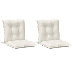 Two cream melange fabric lowback chair cushions with tufted design and straps.