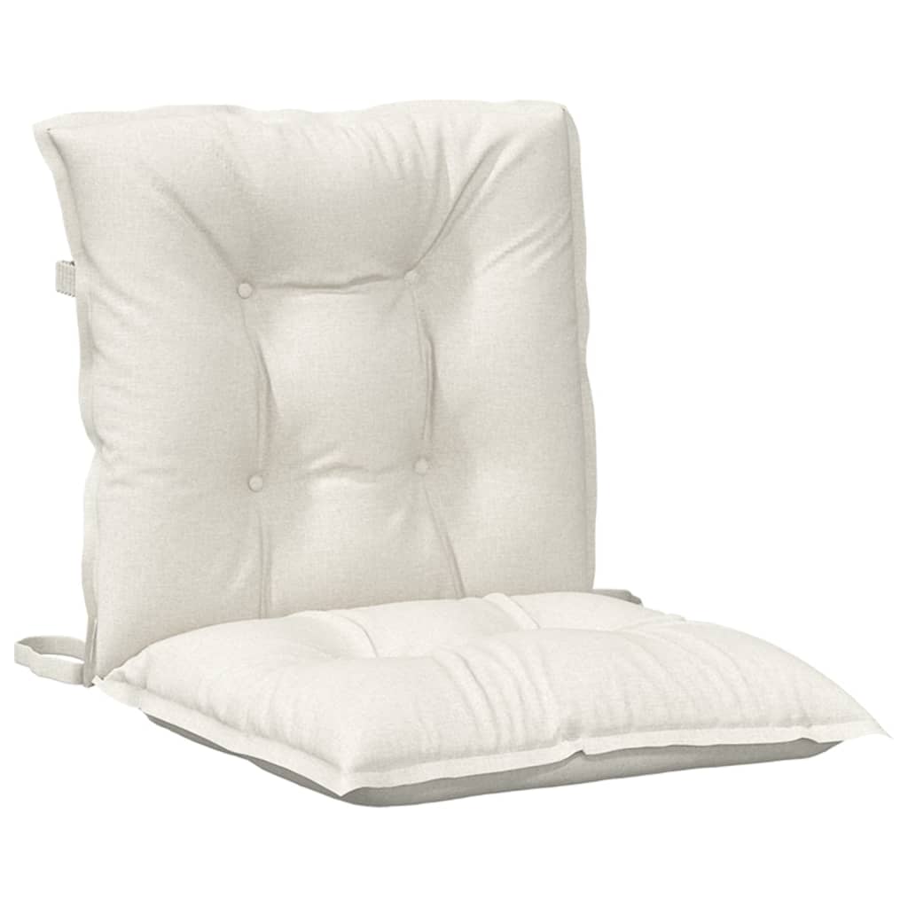 Two cream melange fabric lowback chair cushions with tufted design and straps.