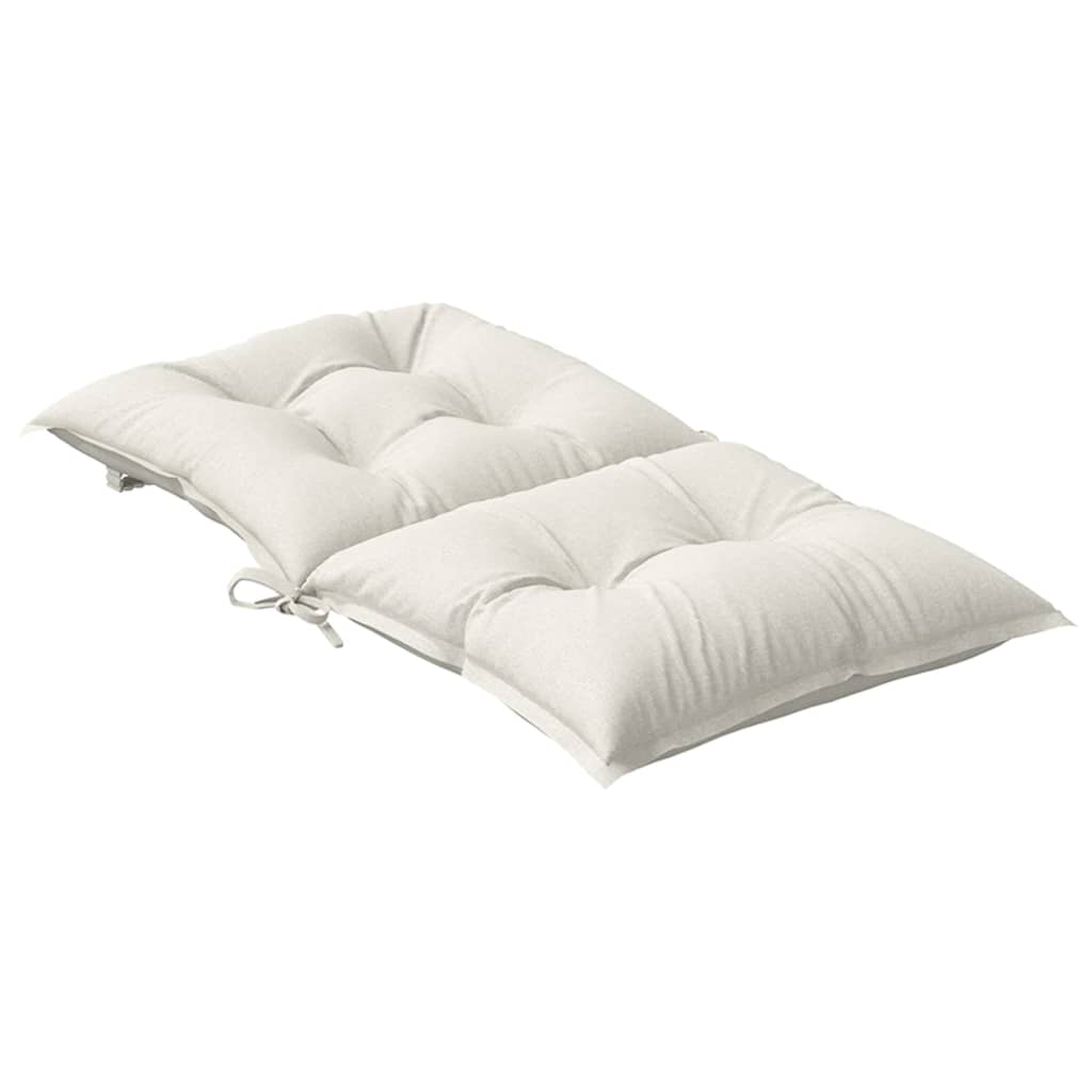 Cream melange fabric lowback chair cushions, two-pack, with tufted design and ties.