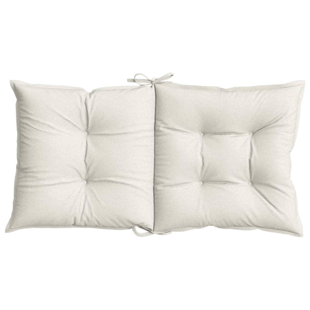 Cream melange fabric lowback chair cushions, 2-pack, with tufting and ties.