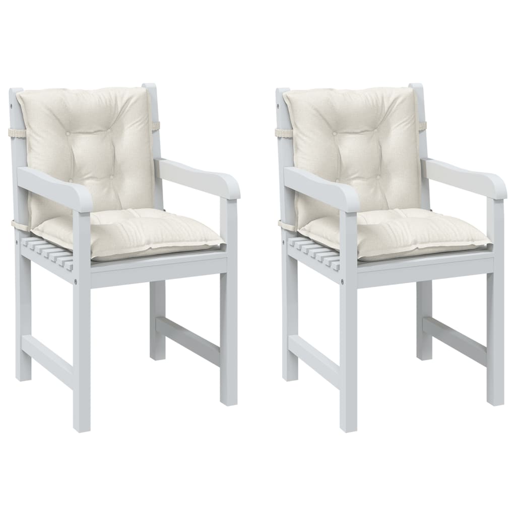 Two cream melange fabric lowback chair cushions with tufted padding and straps.