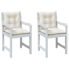 Two cream melange fabric lowback chair cushions with tufted padding and straps.