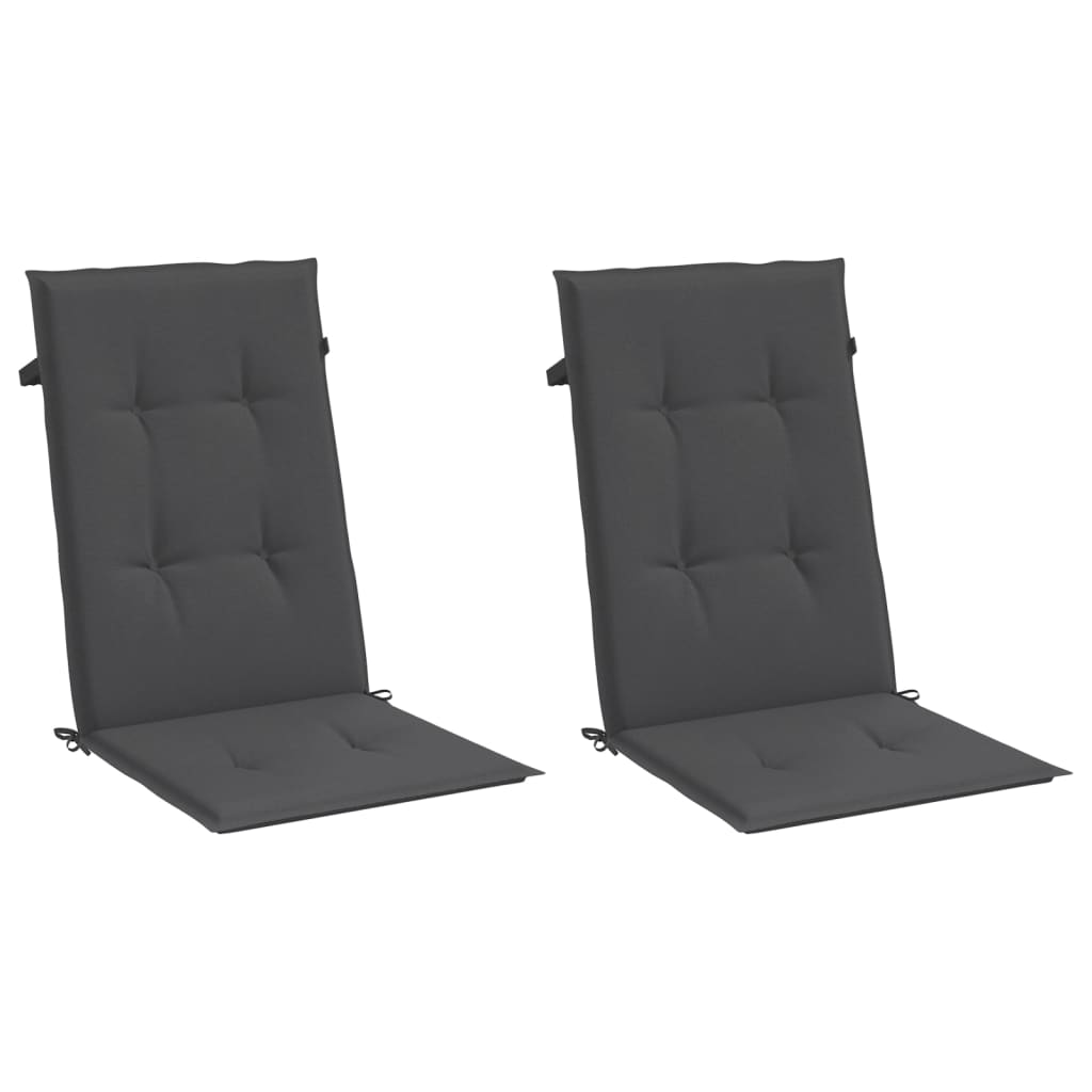 Two anthracite melange fabric highback chair cushions with straps and tufted design.