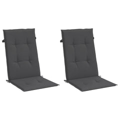 Two anthracite melange fabric highback chair cushions with straps and tufted design.