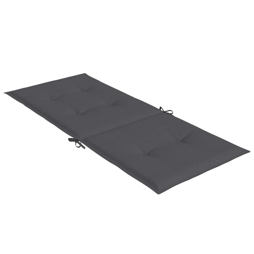 Two anthracite melange fabric highback chair cushions with ties and straps.