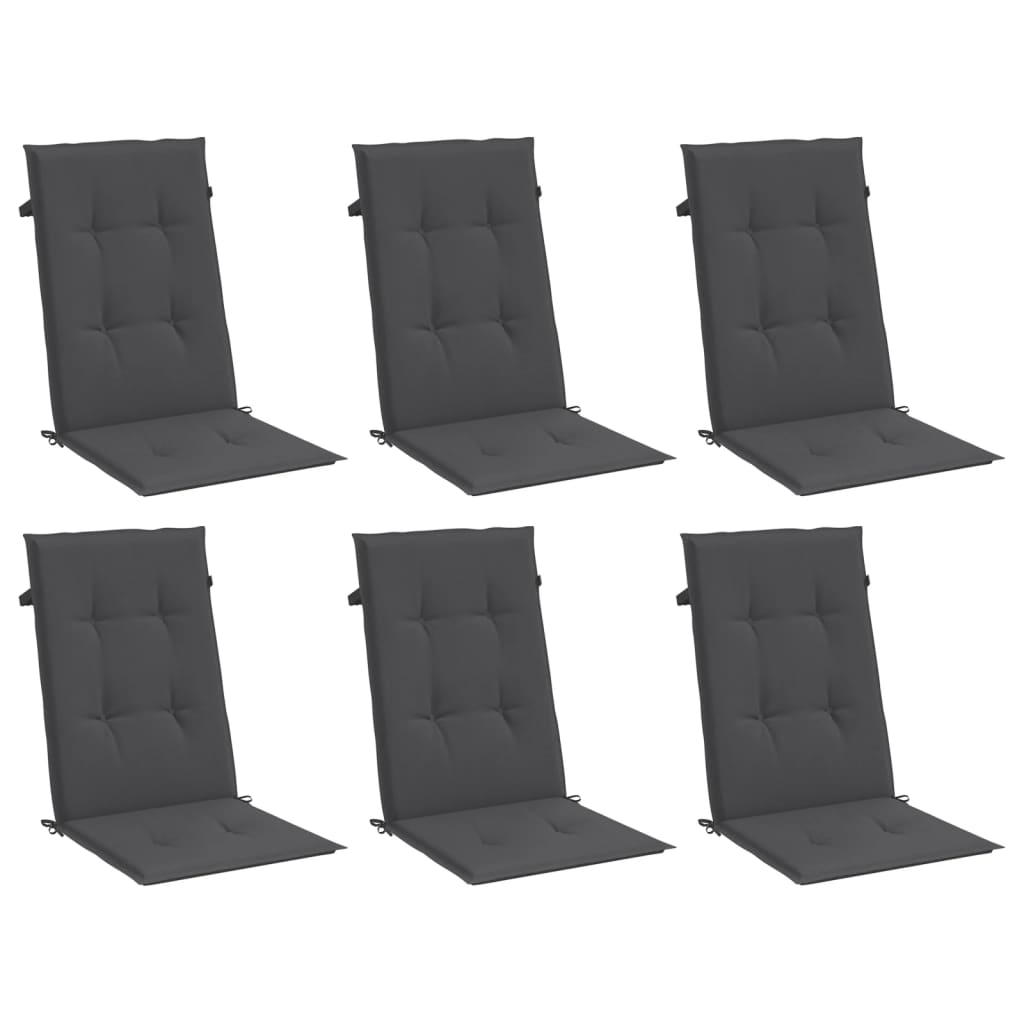 Six highback chair cushions in anthracite melange fabric with ties and straps.