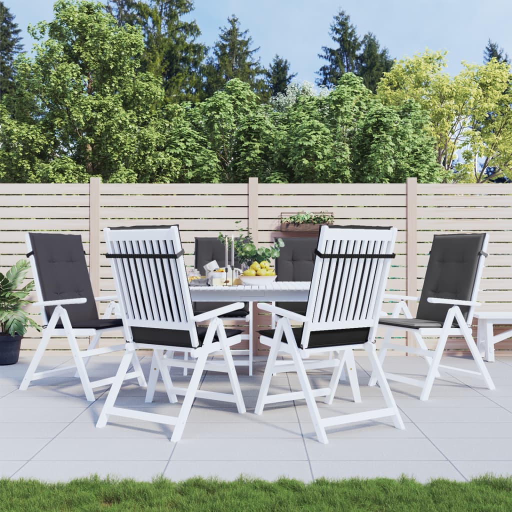 Six anthracite melange fabric cushions for highback chairs, shown on white patio chairs around a table.
