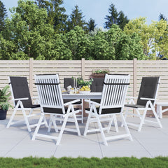 Six anthracite melange fabric cushions for highback chairs, shown on white patio chairs around a table.