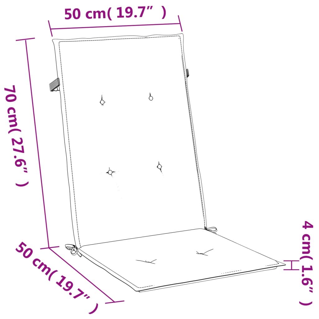 Diagram of highback chair cushion dimensions: 70 cm high, 50 cm wide, 4 cm thick.
