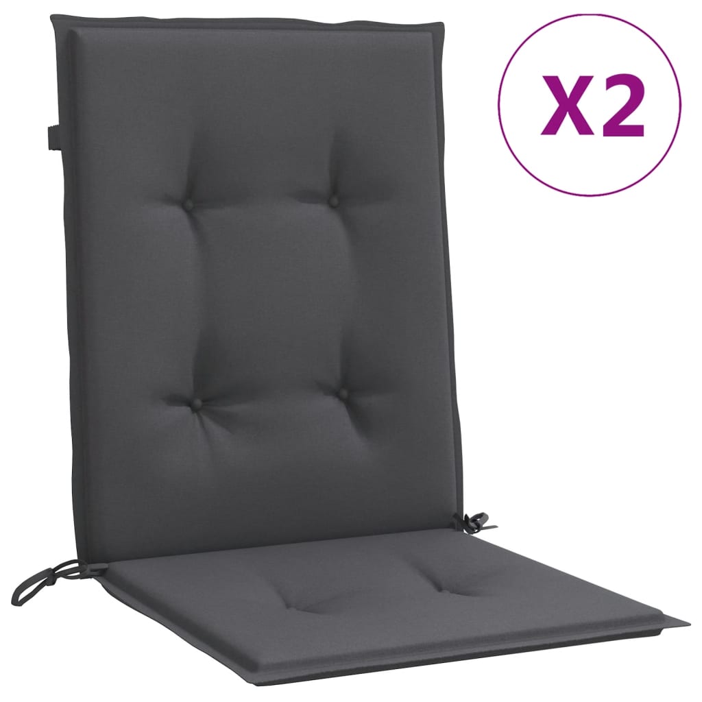 Two anthracite lowback chair cushions with fabric cover and ties, 39.4x19.7x1.6 inches each.