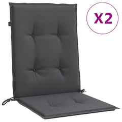 Two anthracite lowback chair cushions with fabric cover and ties, 39.4x19.7x1.6 inches each.