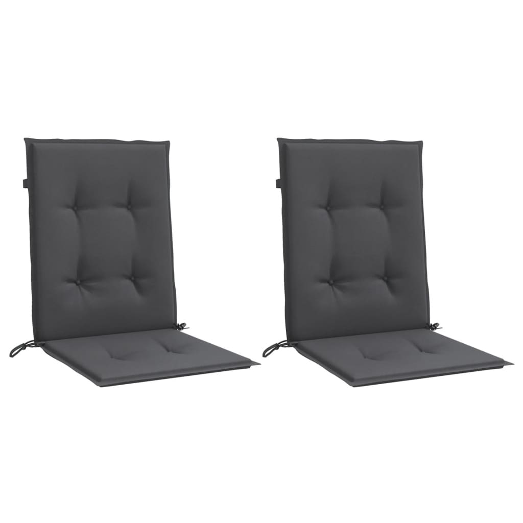 Two anthracite melange fabric lowback chair cushions with tufted design and straps, 39.4x19.7x1.6 inches.