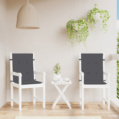 Two anthracite melange fabric lowback chair cushions on white outdoor chairs with a small table.