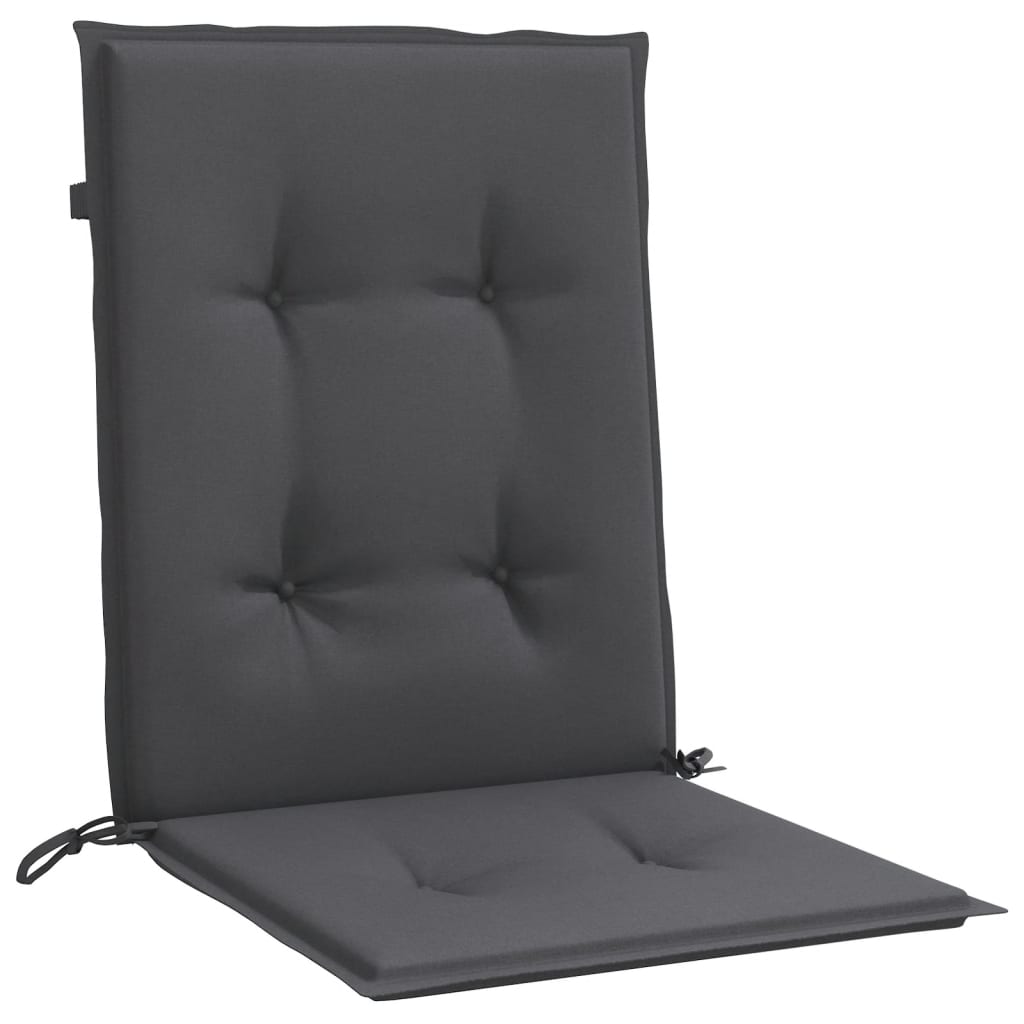 Two anthracite lowback chair cushions with tufted fabric and ties for outdoor use.
