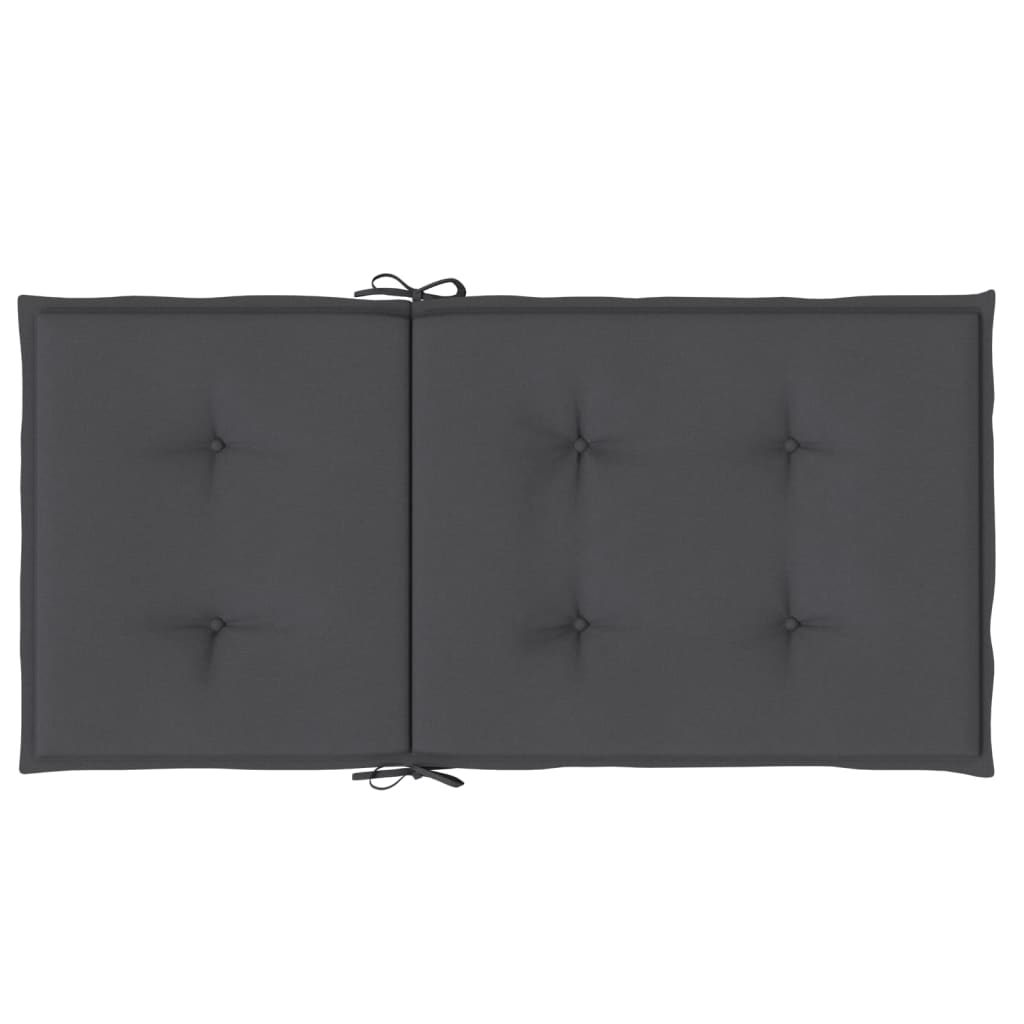 Two anthracite melange fabric lowback chair cushions, 39.4x19.7x1.6 inches, with ties.