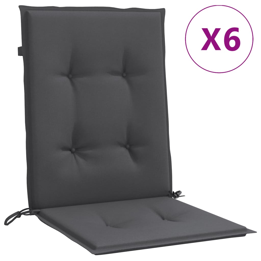 Six anthracite melange lowback chair cushions with tufted design and straps.