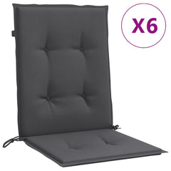 Six anthracite melange lowback chair cushions with tufted design and straps.
