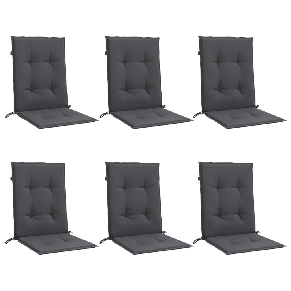 Six anthracite lowback chair cushions with tufted design and straps for outdoor use