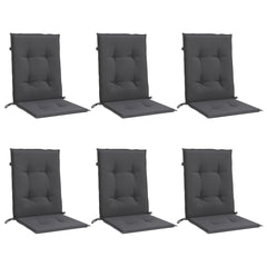 Six anthracite lowback chair cushions with tufted design and straps for outdoor use