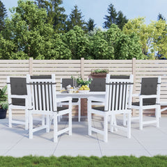 Six anthracite melange cushions for lowback chairs, shown on white outdoor dining set.