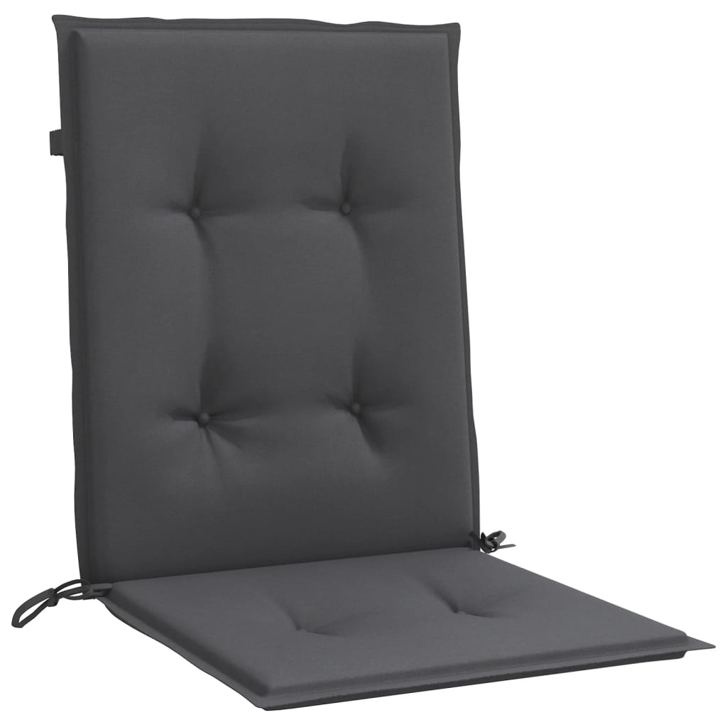 Six-pack of anthracite melange lowback chair cushions with tufted design and straps.