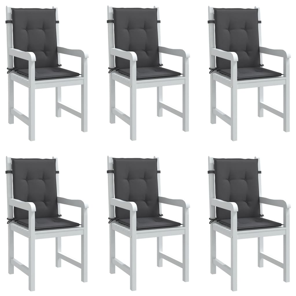 Six anthracite melange lowback chair cushions with gray padding and white straps.
