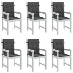 Six anthracite melange lowback chair cushions with gray padding and white straps.